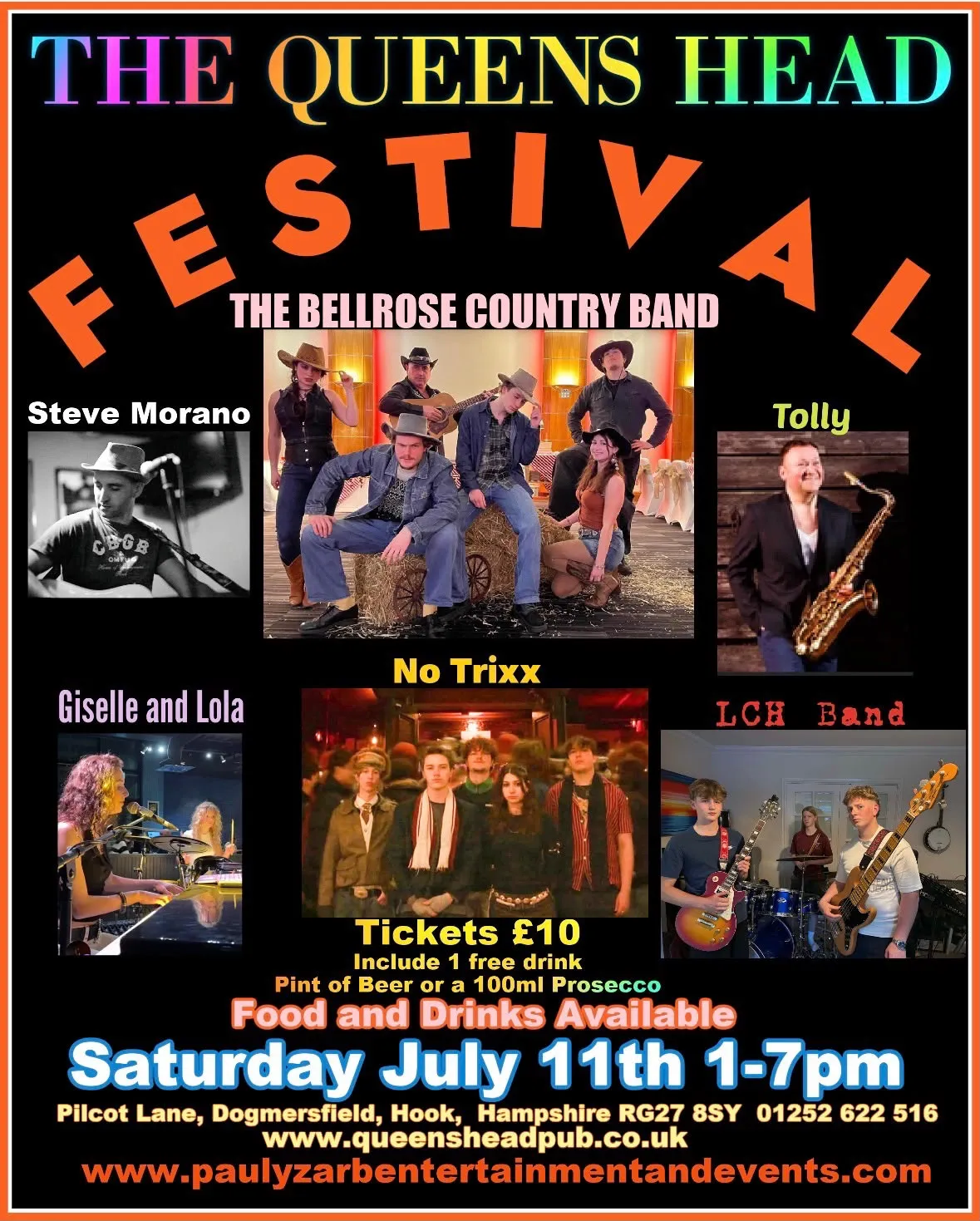 The Queens Head Festival poster — Saturday 11 July, 1–7pm, with the Bellrose Country Band, Steve Morano, Tolly, Giselle and Lola, No Trixx and the LCH Band.