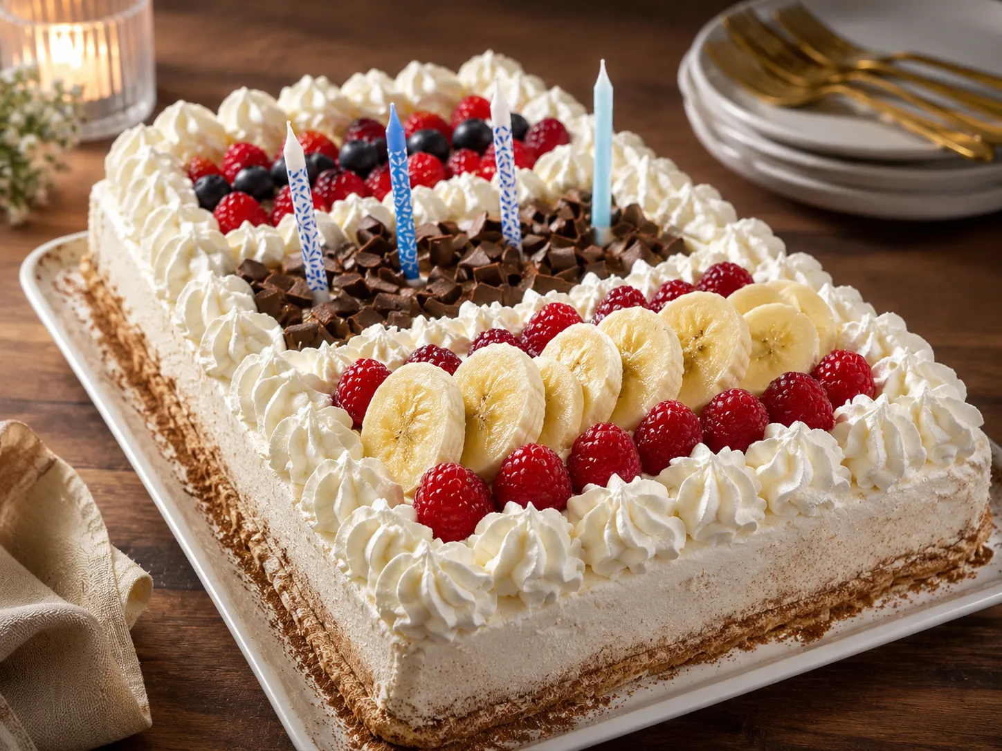 Layered celebration sponge with summer berries and banana
