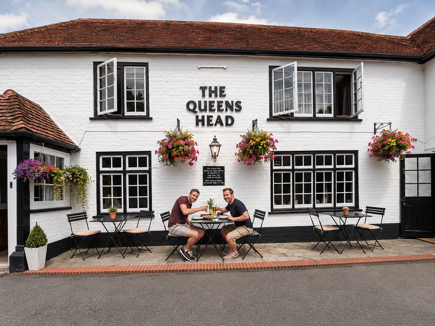 Guests enjoying lunch at tables outside the pub